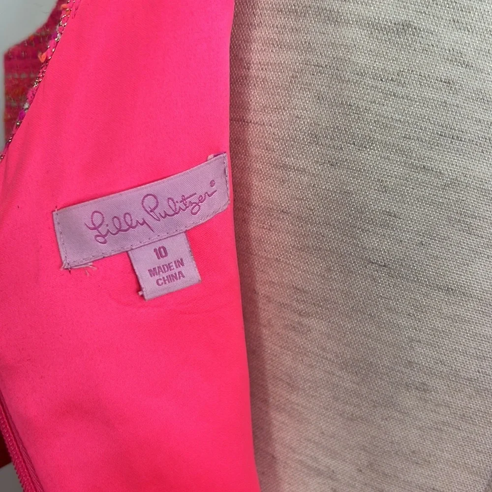 LILLY PULITZER LAIDLEY NEON PINK METALLIC BOUCLE SLEEVELESS DRESS SZ 10 - Picture 7 of 8